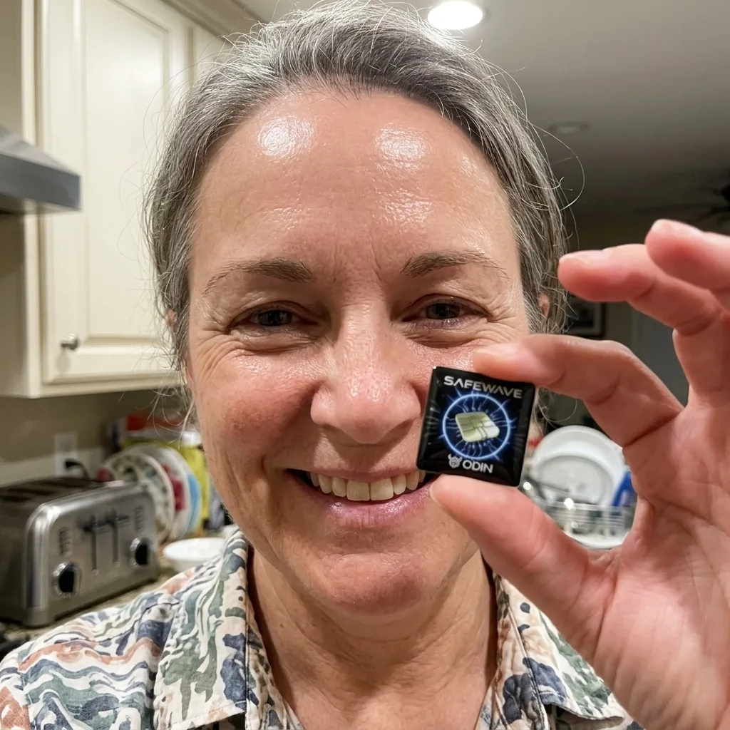 Senior using phone safely with ODIN SafeWave